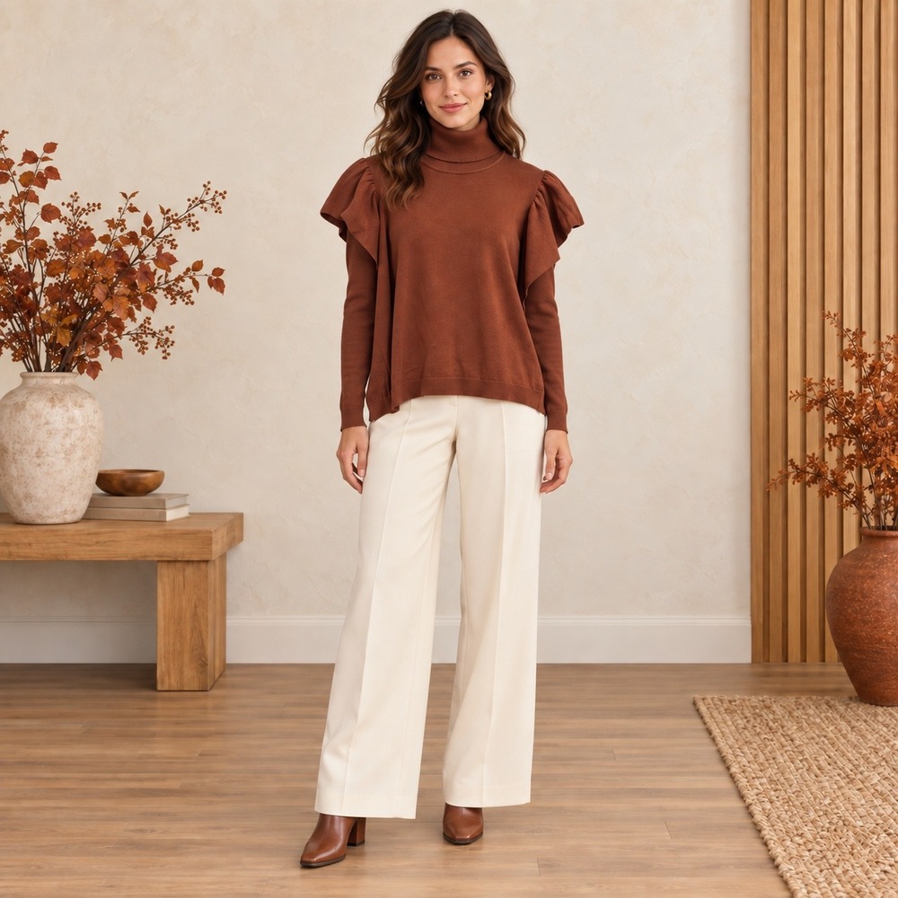MISA Los Angeles Knit Top Rust Brown Ruffle Cap Sleeve Turtleneck Silk Blend S